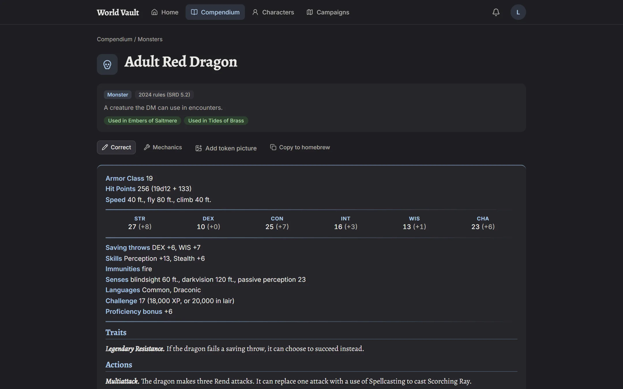 A Compendium entry for a monster with its stat block