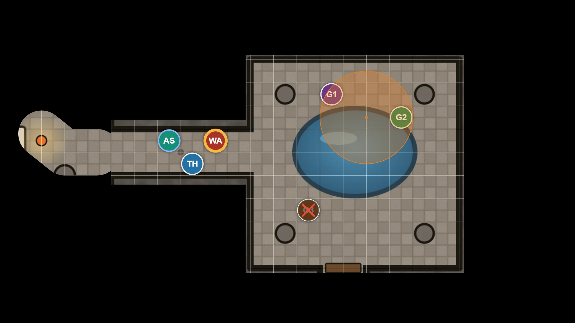 The table display on a TV: a dungeon map with portrait tokens, fog of war, a spell template and turn rings