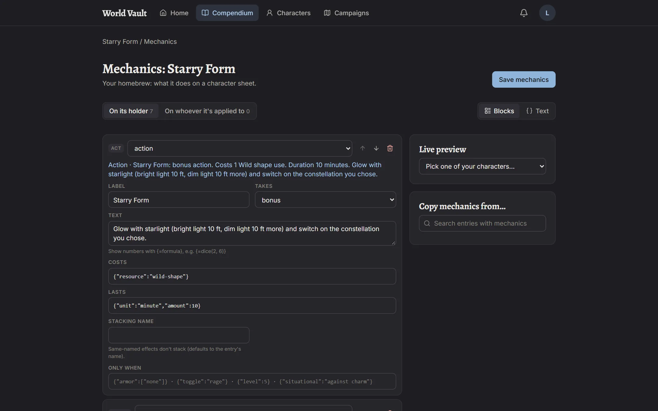 The effect builder with mechanic blocks and a live preview