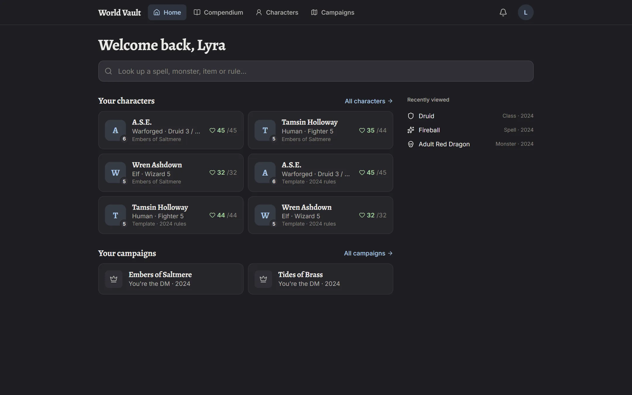 World Vault's home page with characters and campaigns
